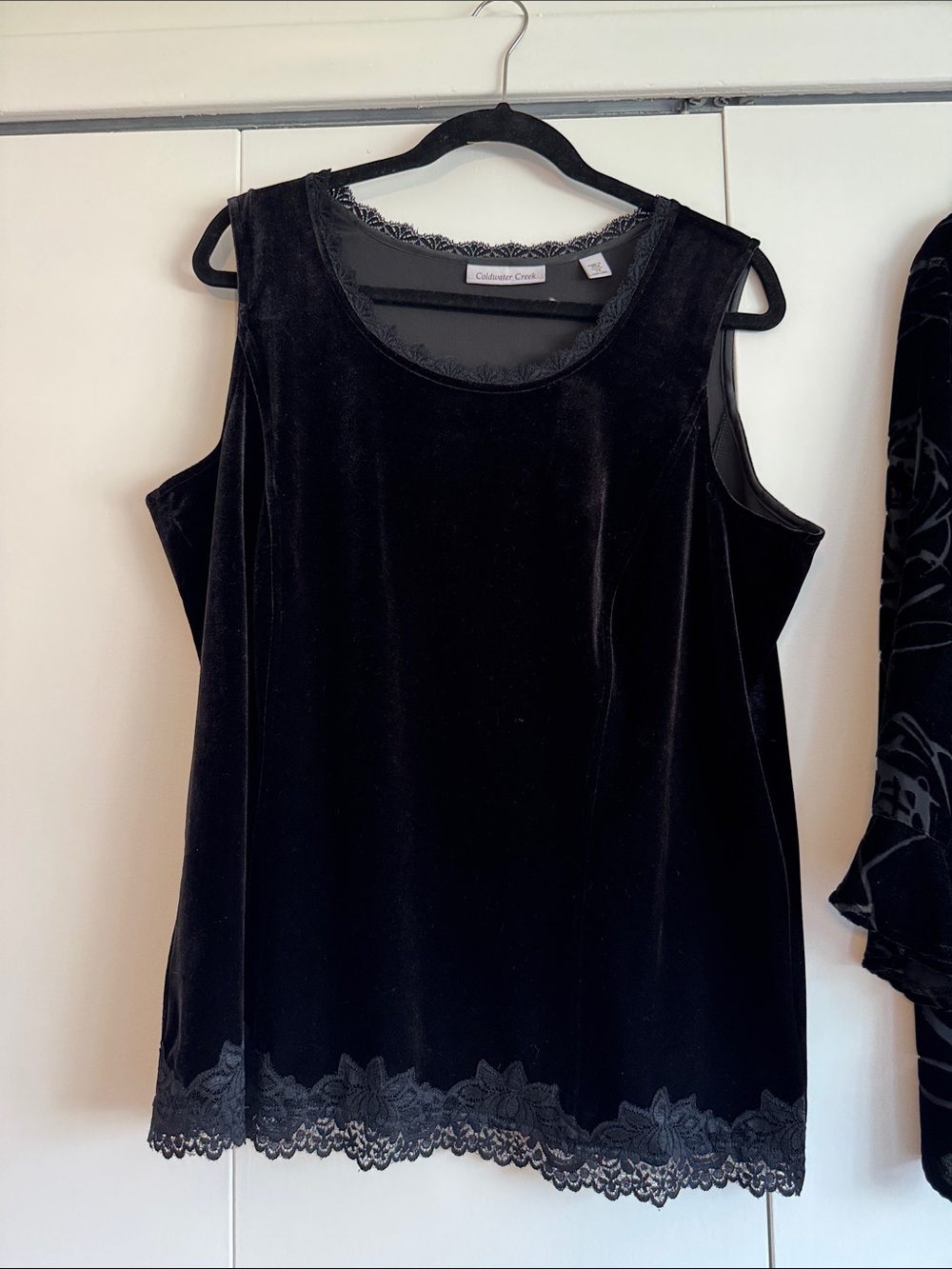 Coldwater Creek Black Velvet Sleeveless Tank with Lace Trim